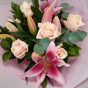 Pink Lily and Rose hand tied