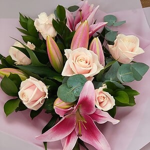 Pink Lily and Rose hand tied