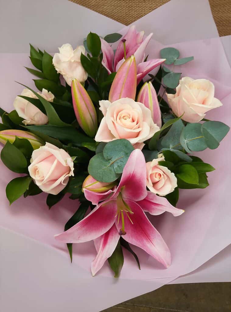 Pink Lily and Rose hand tied